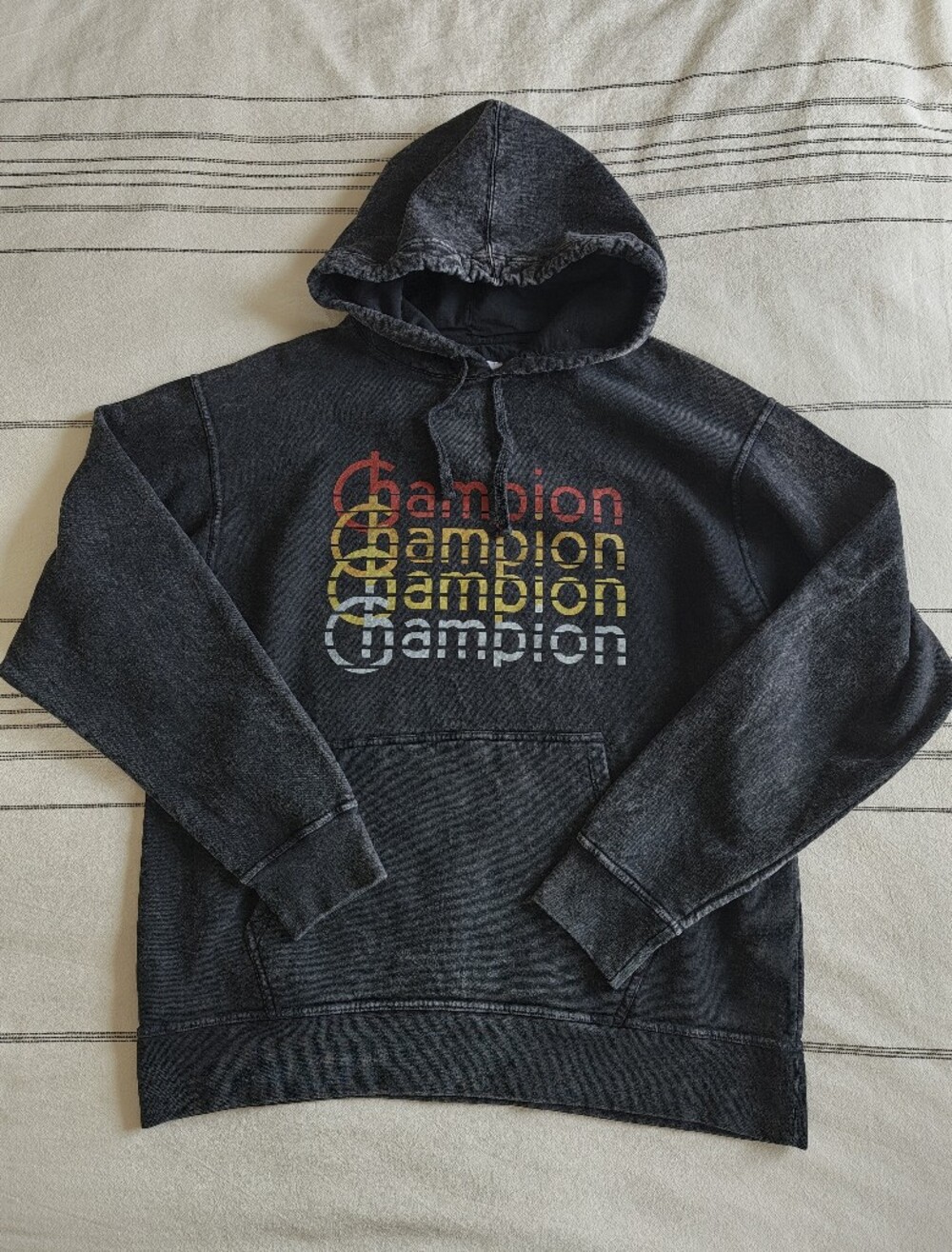 Champion Black Washed Hoodie with Red, Yellow, White Logo Sz Large